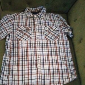 Men's Short-Sleeve Plaid Button-Down Shirt - White with Brown & Blue